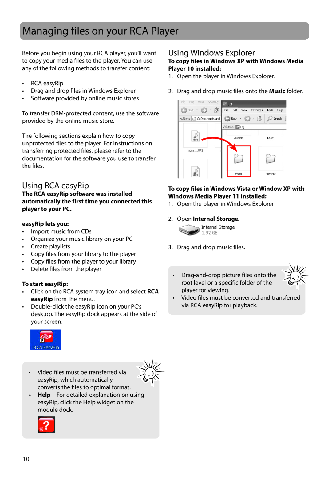 RCA MC4204, M4208, M4202 Managing files on your RCA Player, Using Windows Explorer, Using RCA easyRip, To start easyRip 