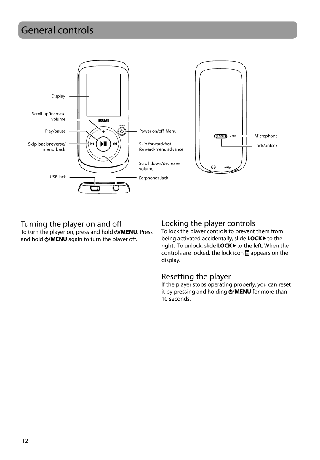 RCA M4208, M4202, MC4202 General controls, Turning the player on and off, Locking the player controls, Resetting the player 