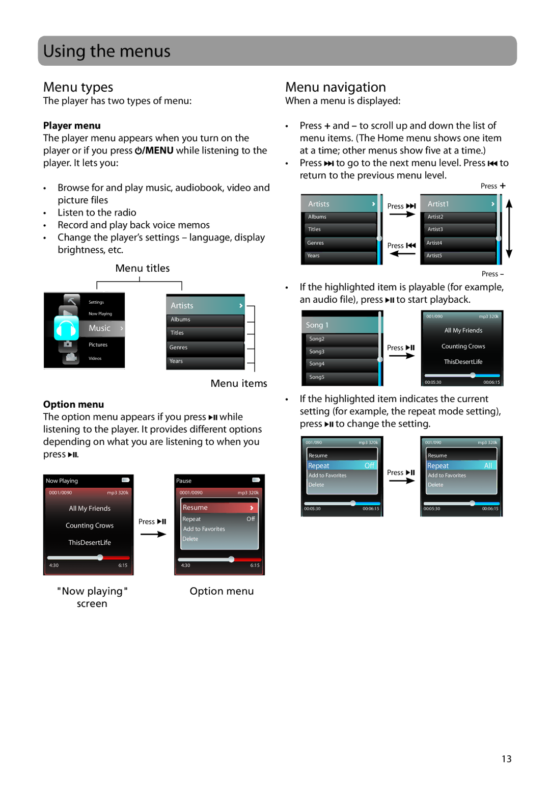 RCA M4202, M4208RD, MC4202, MC4204, MC4208 Using the menus, Menu types, Menu navigation, Player menu, Option menu 