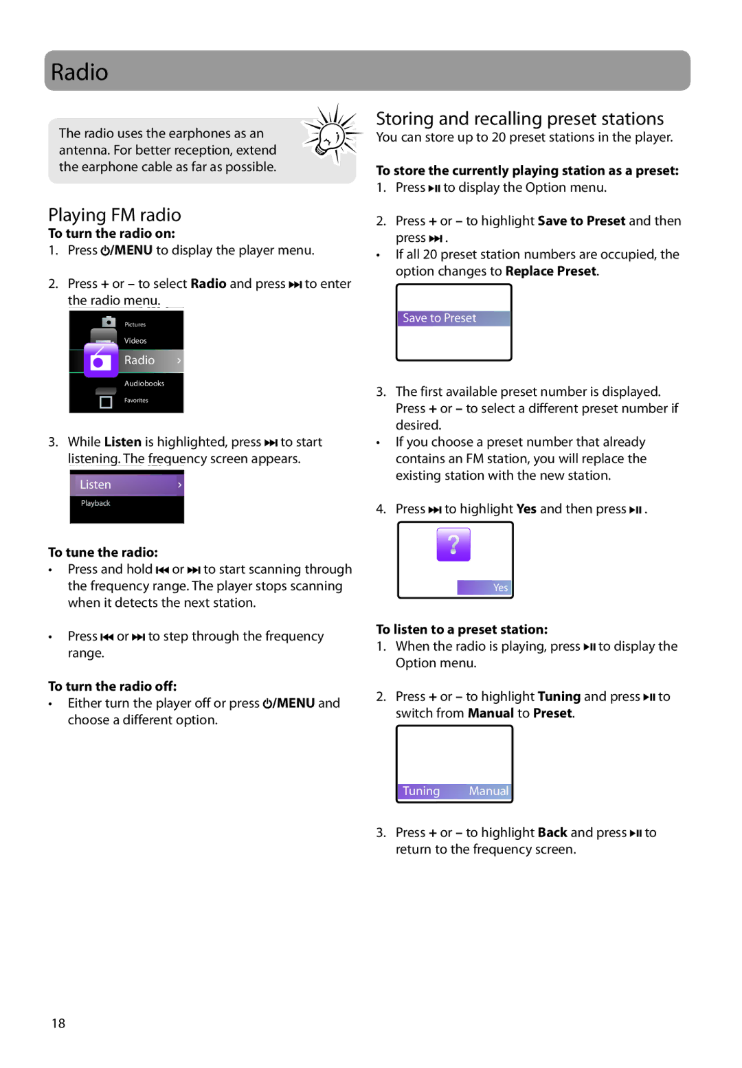 RCA M4202, M4208RD, MC4202, MC4204, MC4208 user manual Radio, Playing FM radio, Storing and recalling preset stations 