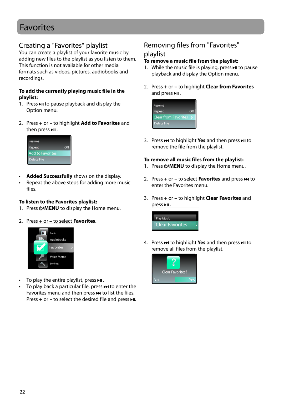 RCA MC4204, M4202, M4208RD, MC4202, MC4208 Creating a Favorites playlist, Removing files from Favorites playlist 