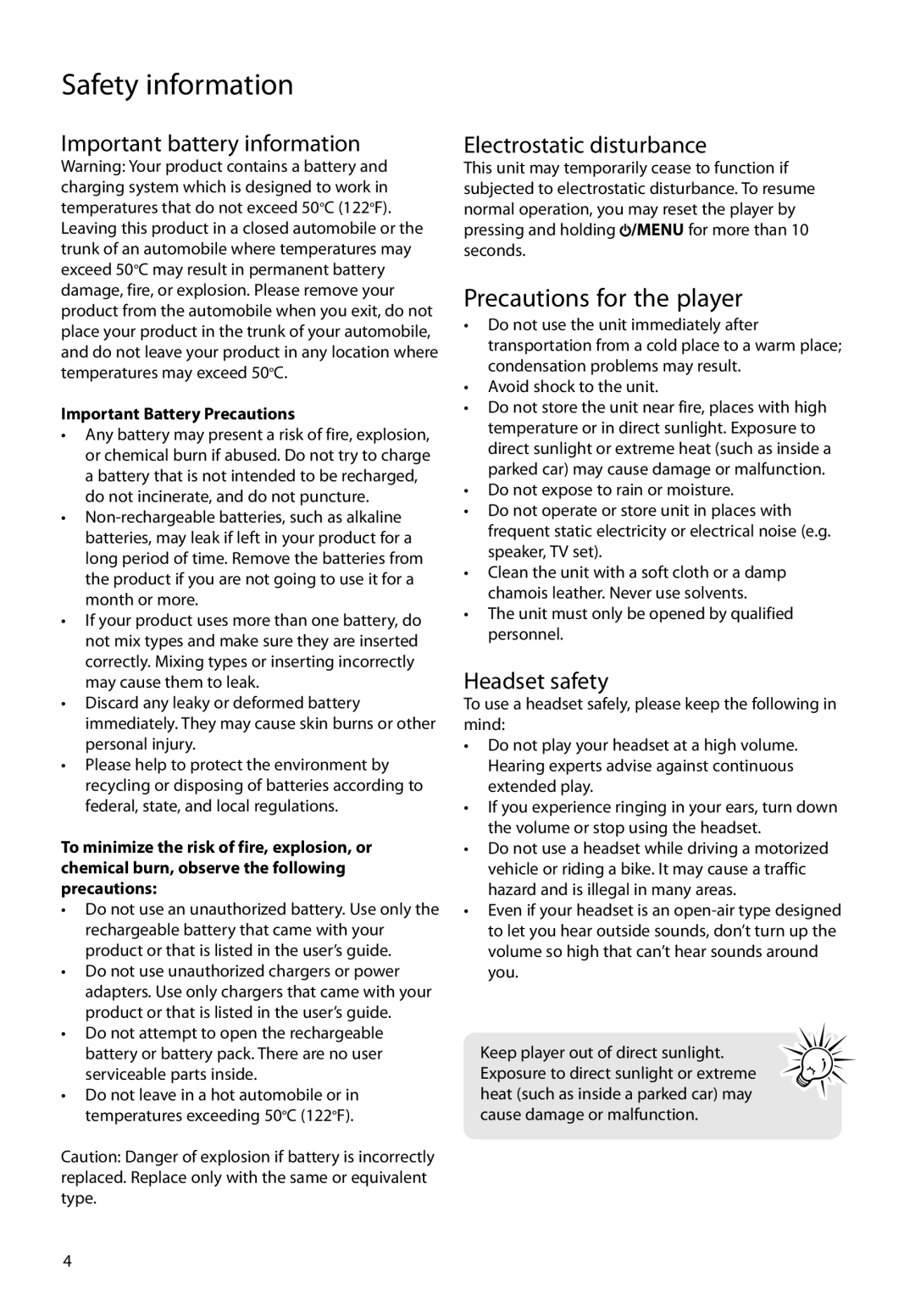 RCA MC4204, M4208 Important battery information, Electrostatic disturbance, Headset safety, Important Battery Precautions 
