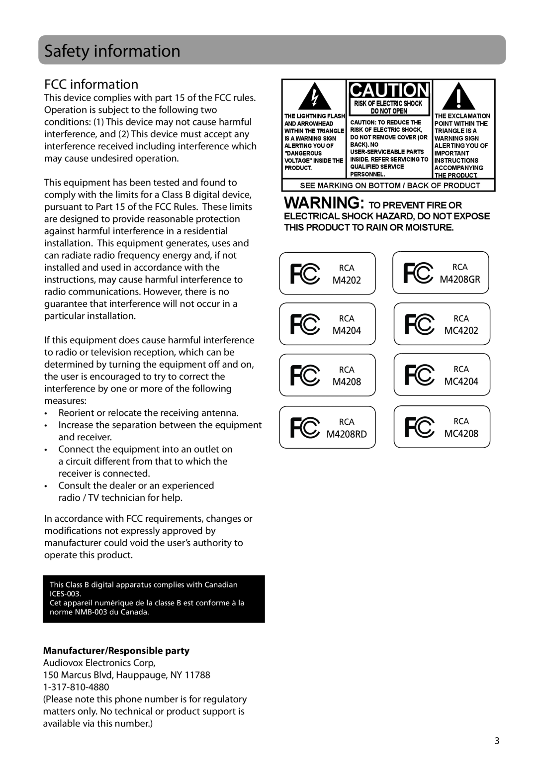 RCA MC4202, M4202, M4208RD, MC4204, MC4208 user manual Safety information, FCC information, Manufacturer/Responsible party 