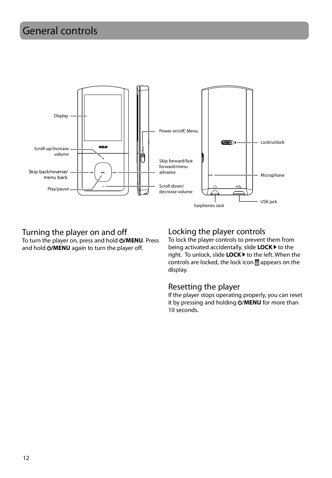 RCA M4304, M4308, M4302 General controls, Turning the player on and off, Locking the player controls, Resetting the player 