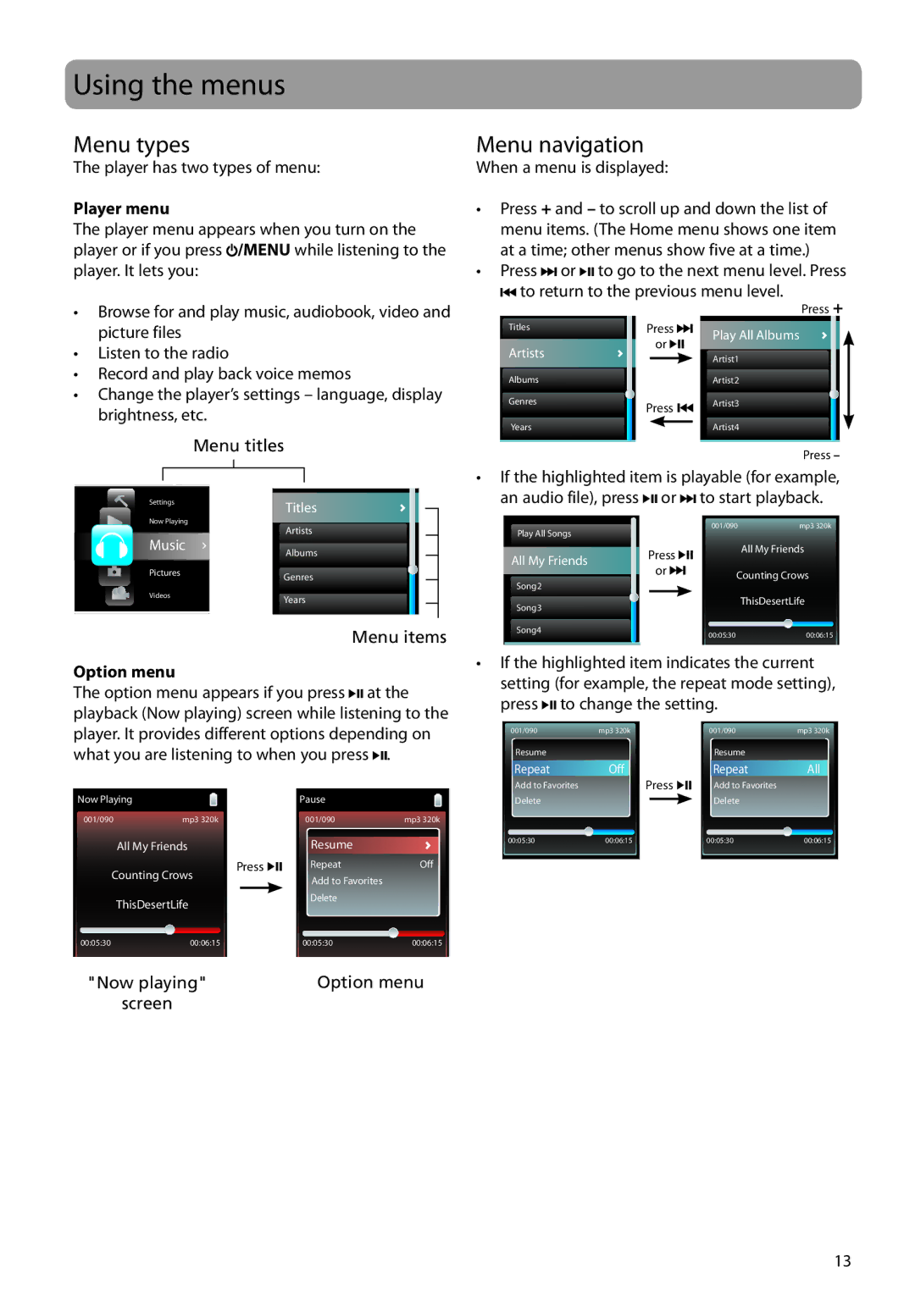 RCA M4308, M4304, M4302, MC4308, MC4304, MC4302 Using the menus, Menu types, Menu navigation, Player menu, Option menu 