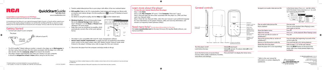 RCA M4508 quick start QuickStartGuide, Learn more about the player, General controls, Getting Started 