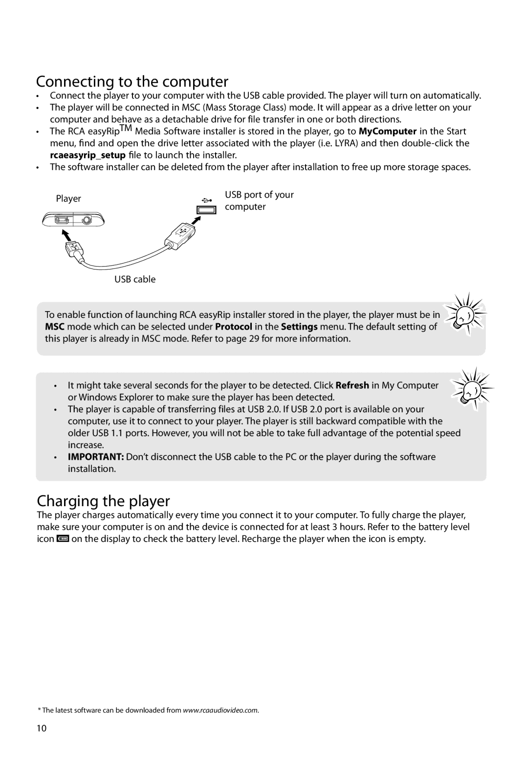 RCA M45, M46 user manual Connecting to the computer, Charging the player 