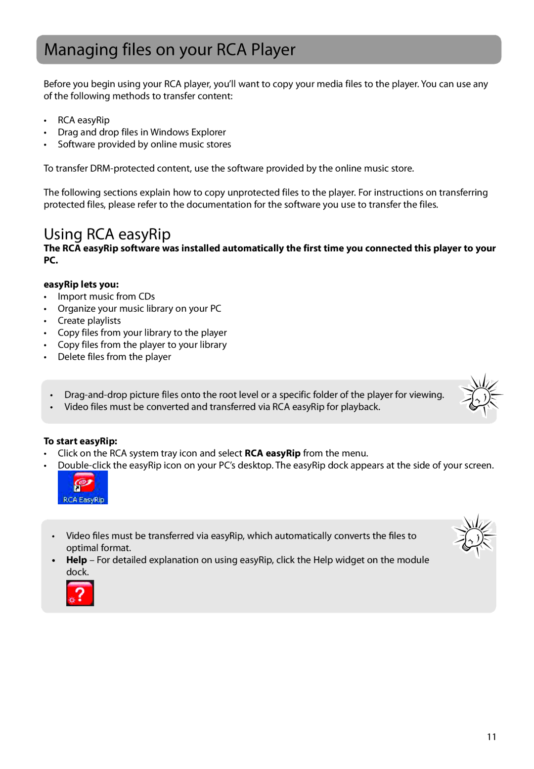 RCA M46, M45 user manual Managing files on your RCA Player, Using RCA easyRip, To start easyRip 