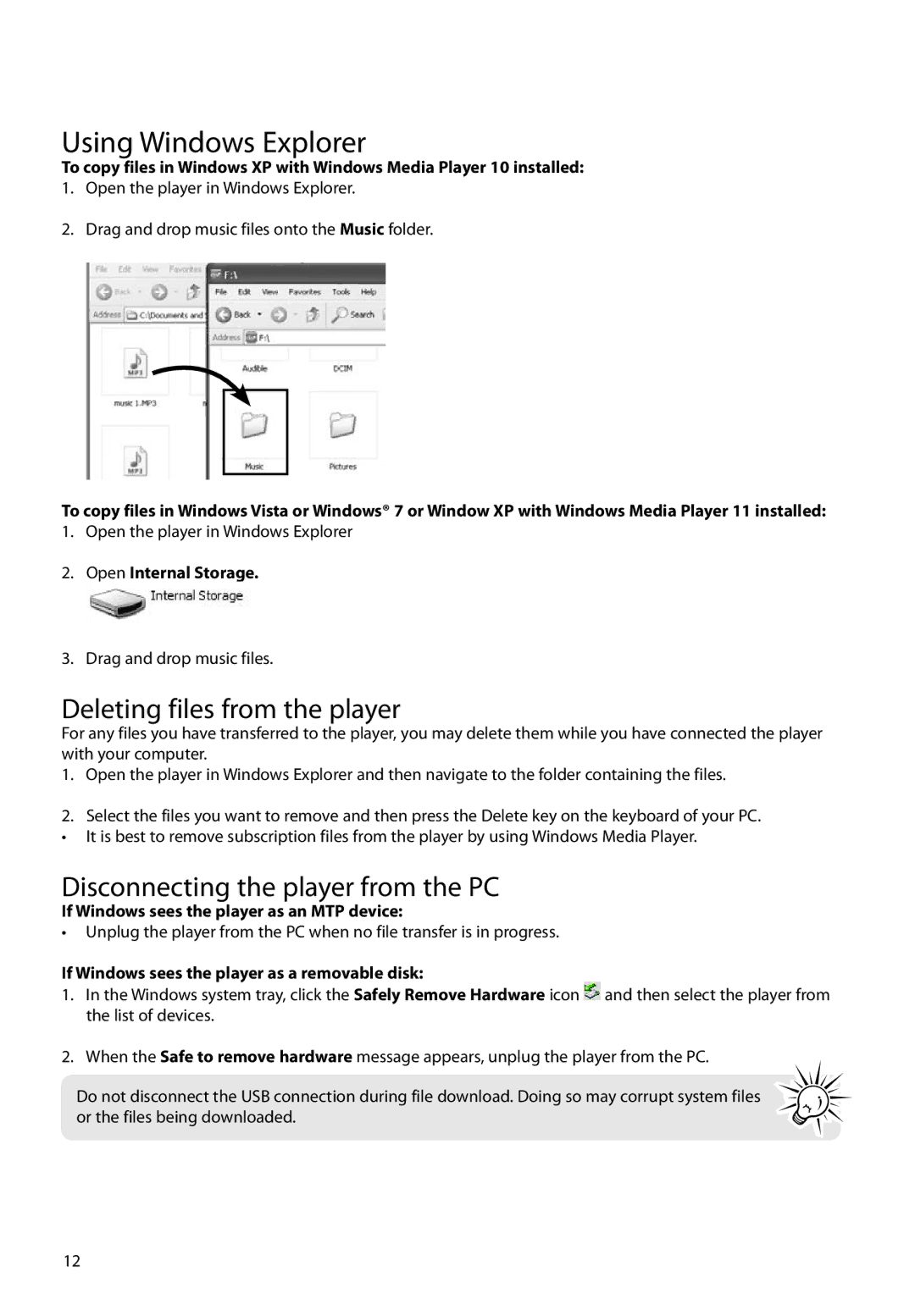 RCA M45, M46 user manual Using Windows Explorer, Deleting files from the player, Disconnecting the player from the PC 