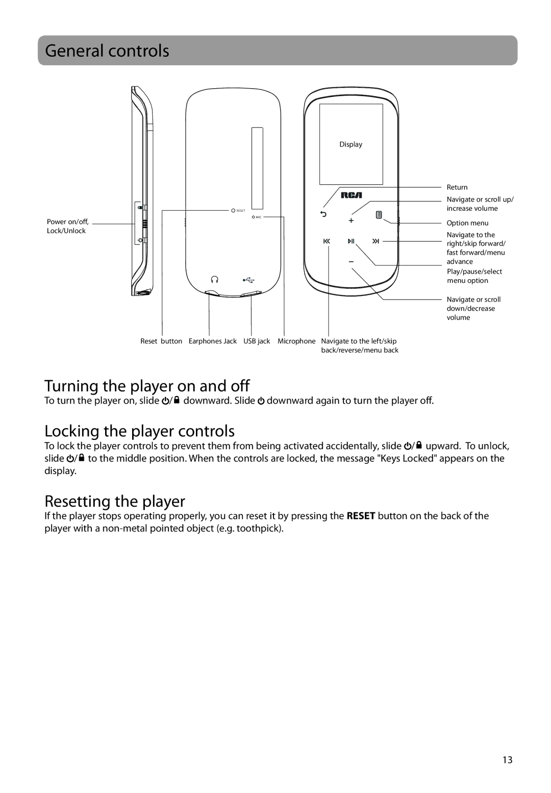 RCA M46, M45 user manual General controls, Turning the player on and off, Locking the player controls, Resetting the player 