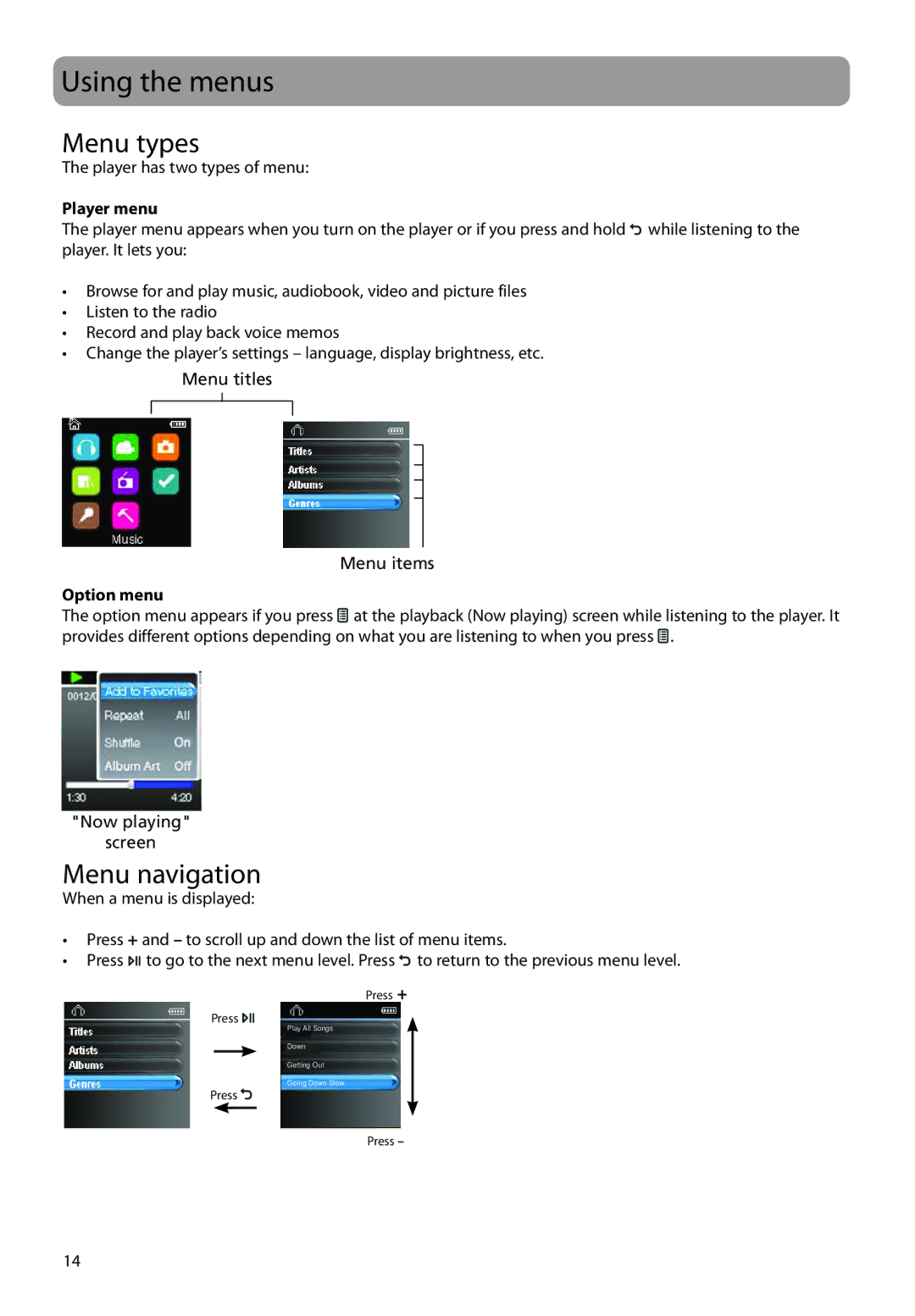 RCA M45, M46 user manual Using the menus, Menu types, Menu navigation, Player menu, Option menu 