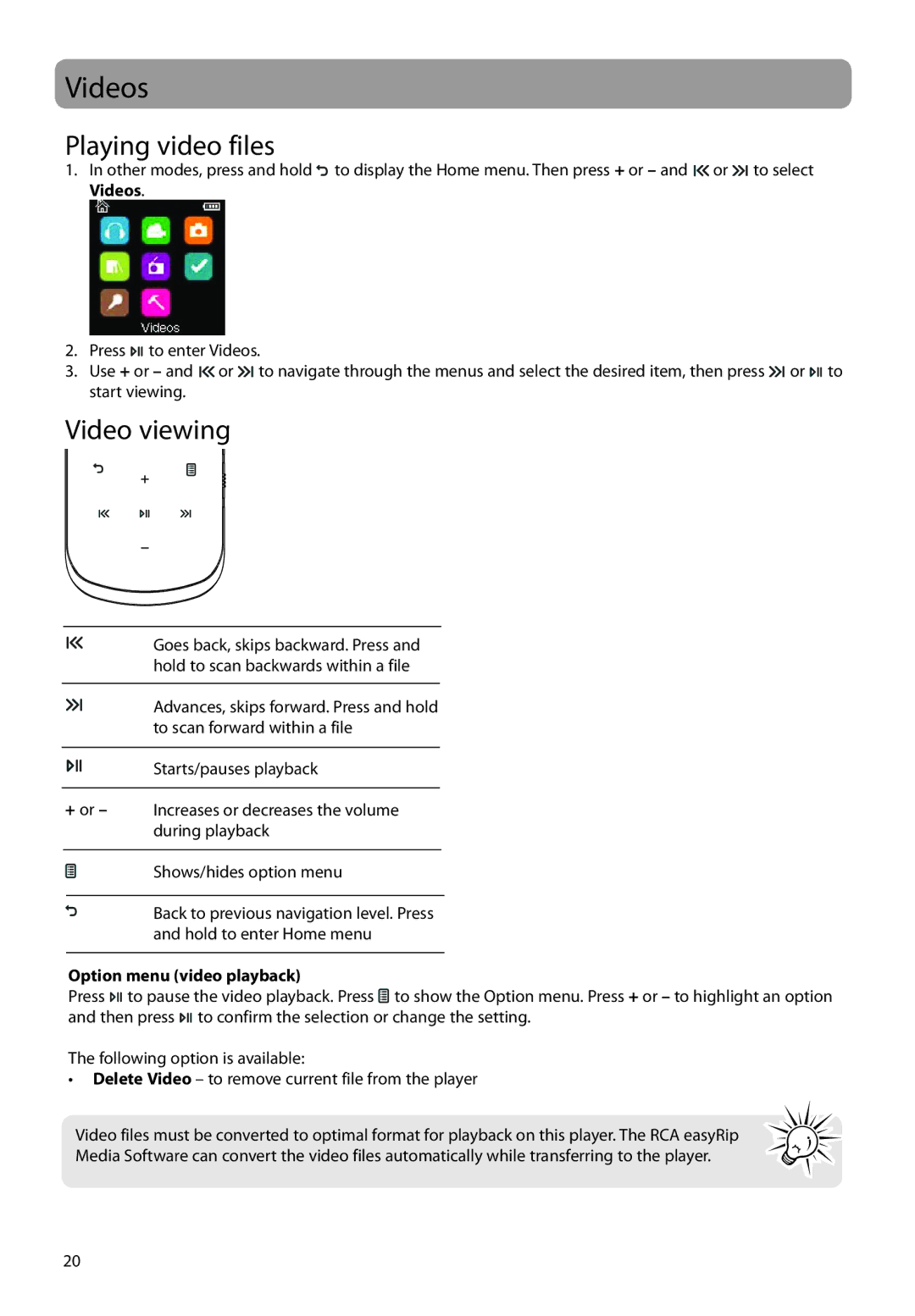 RCA M45, M46 user manual Videos, Playing video files, Video viewing, Option menu video playback 