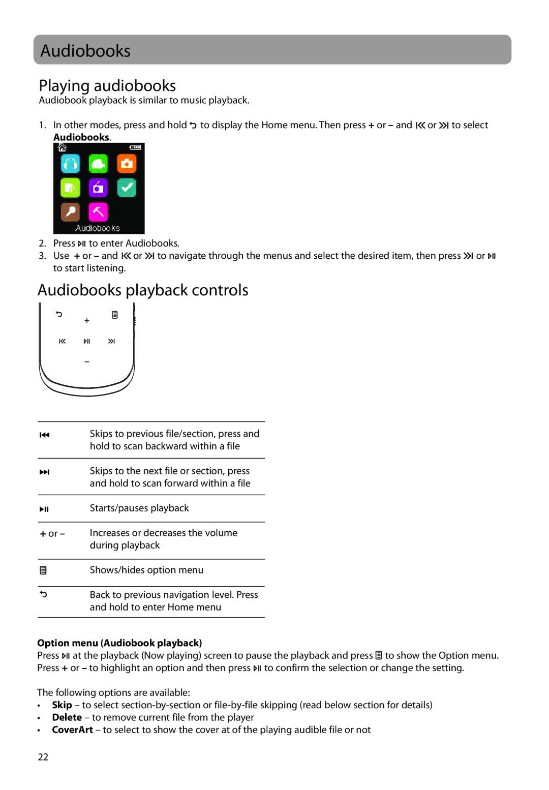 RCA M45, M46 user manual Playing audiobooks, Audiobooks playback controls, Option menu Audiobook playback 