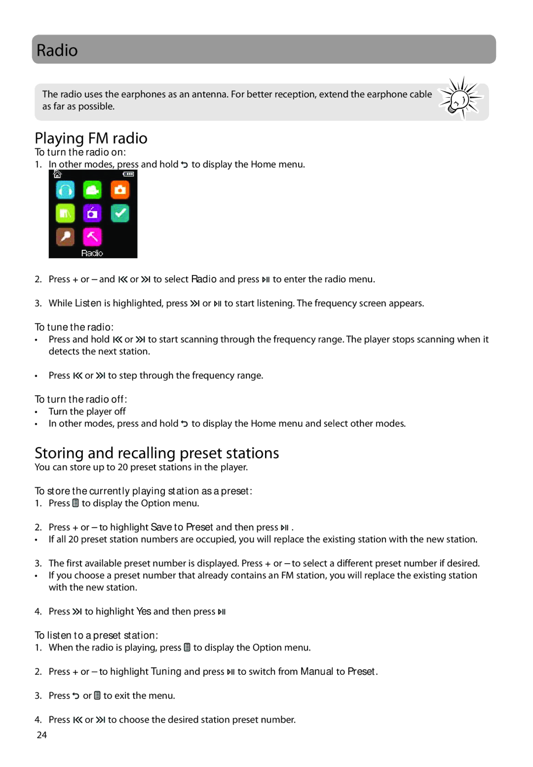 RCA M45, M46 user manual Radio, Playing FM radio, Storing and recalling preset stations 