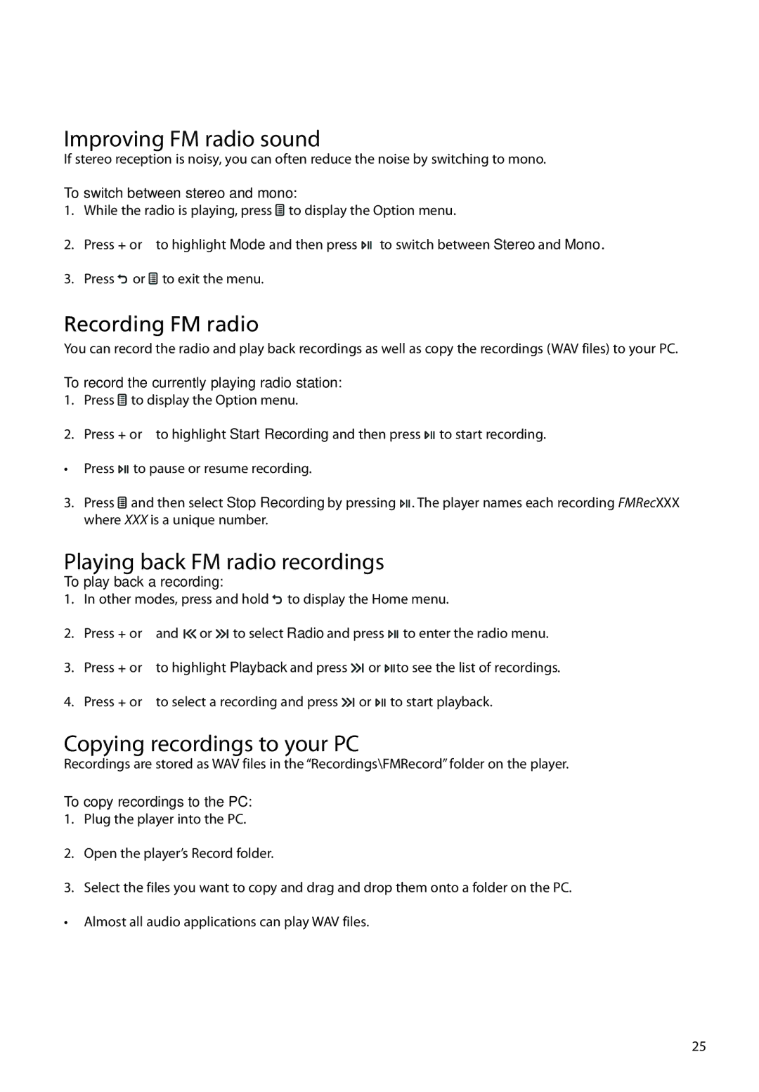 RCA M46, M45 user manual Improving FM radio sound, Playing back FM radio recordings, Copying recordings to your PC 