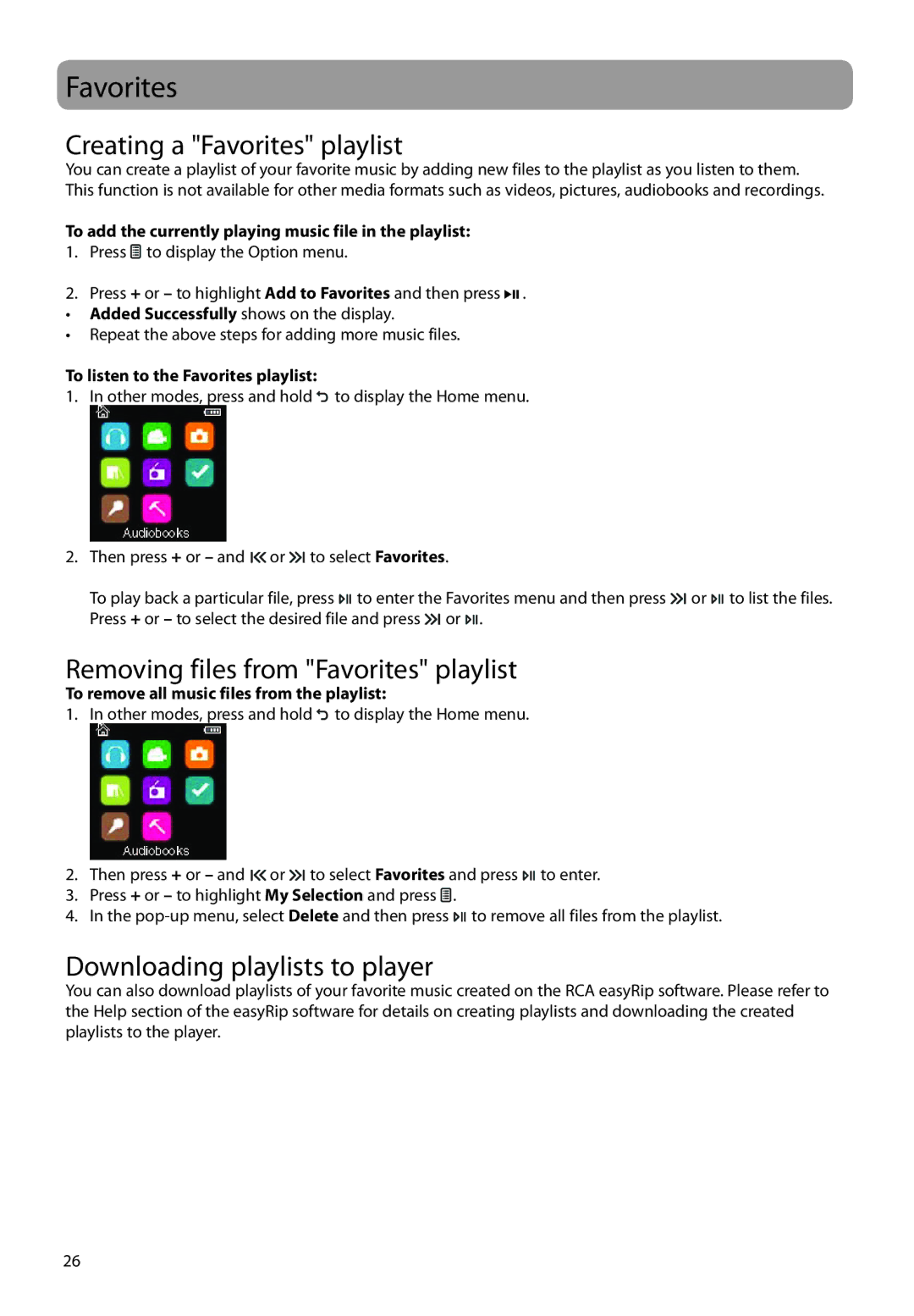 RCA M45, M46 Creating a Favorites playlist, Removing files from Favorites playlist, Downloading playlists to player 