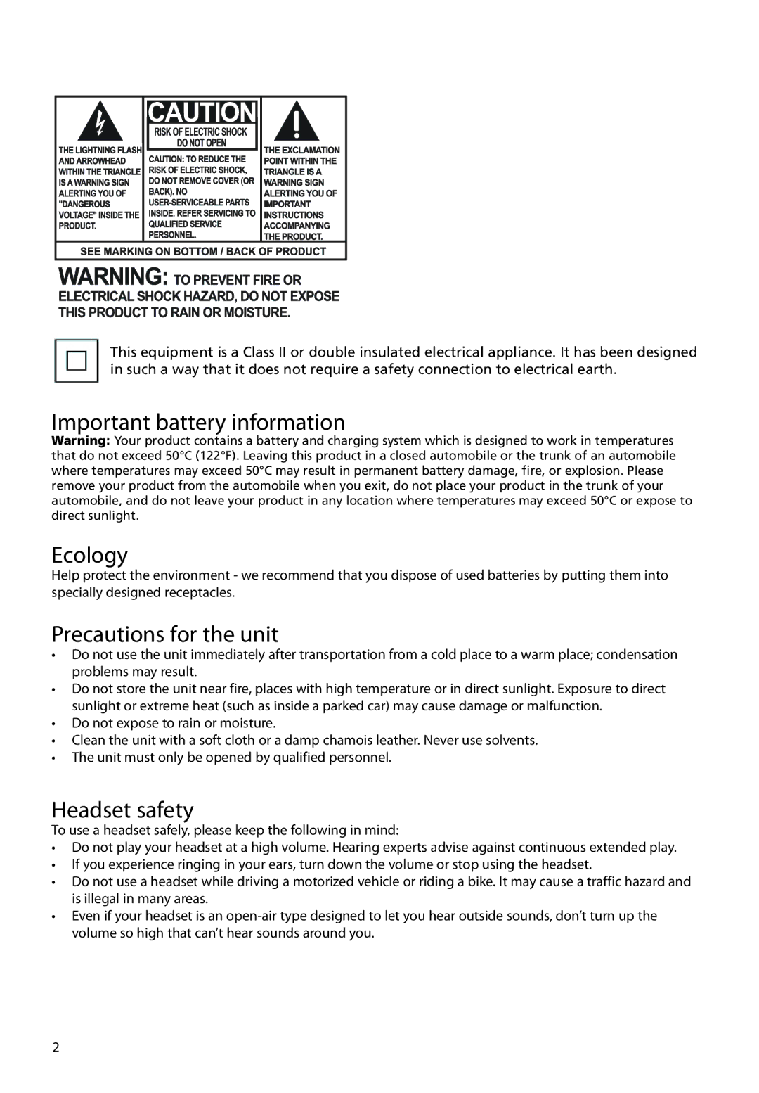 RCA M45, M46 user manual Important battery information Ecology, Precautions for the unit, Headset safety 