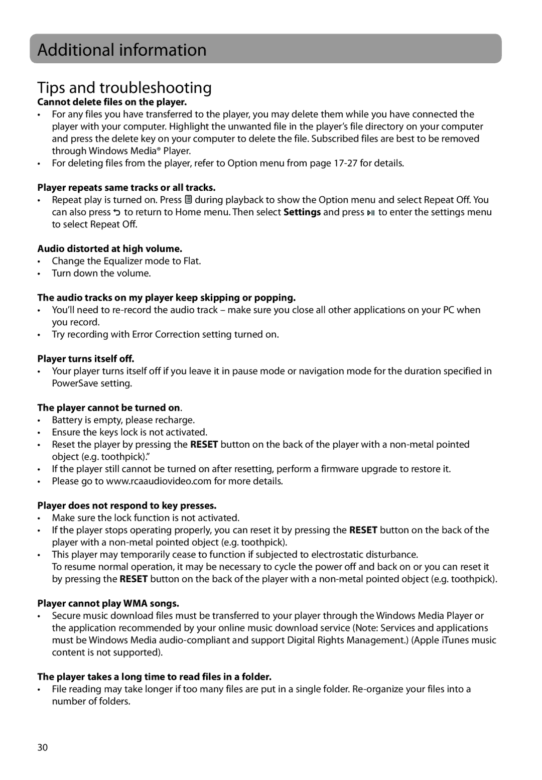 RCA M45, M46 user manual Additional information, Tips and troubleshooting 