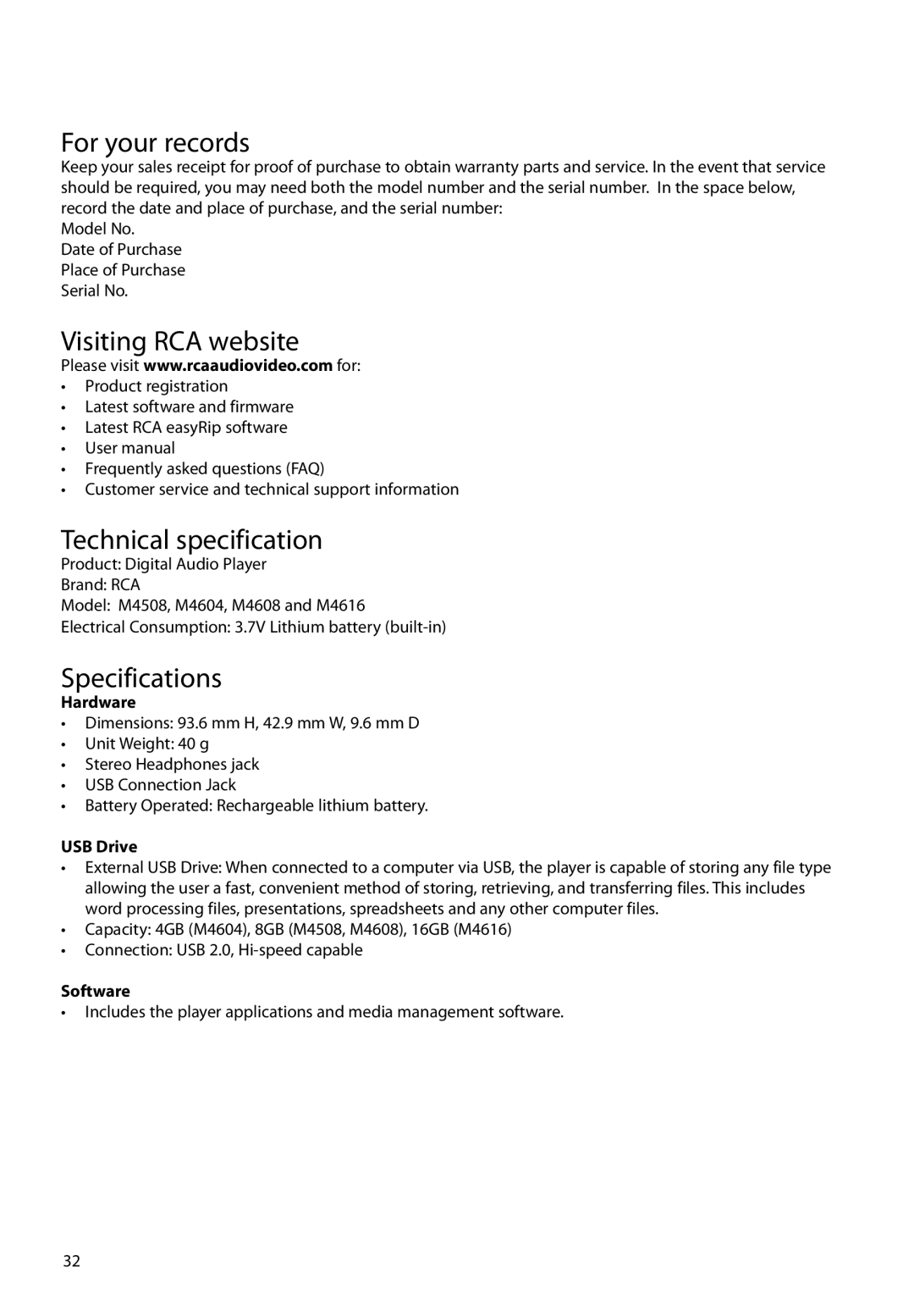 RCA M45, M46 user manual For your records, Visiting RCA website, Technical specification, Specifications 