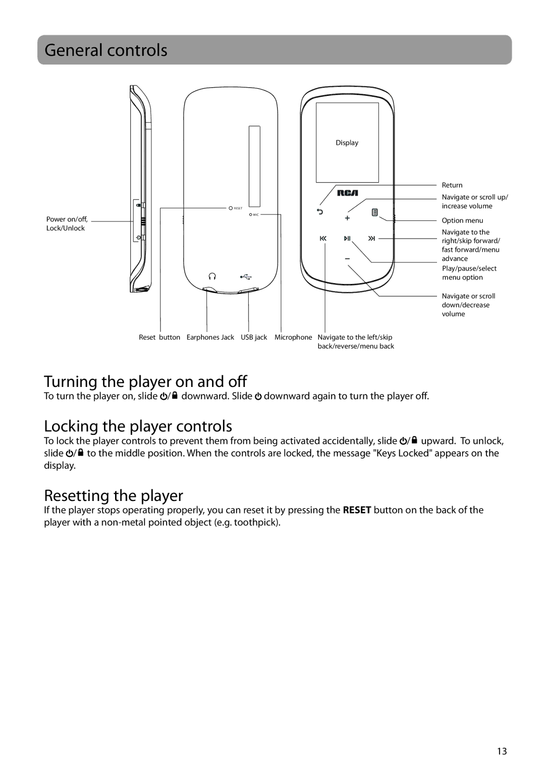 RCA M46 series General controls, Turning the player on and off, Locking the player controls, Resetting the player 