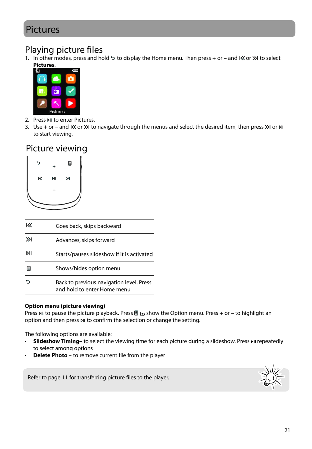 RCA M4604, M4608, M4616 user manual Pictures, Playing picture files, Picture viewing, Option menu picture viewing 