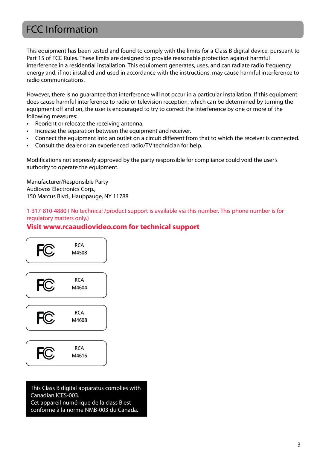 RCA M4604, M4608, M4616 user manual FCC Information 