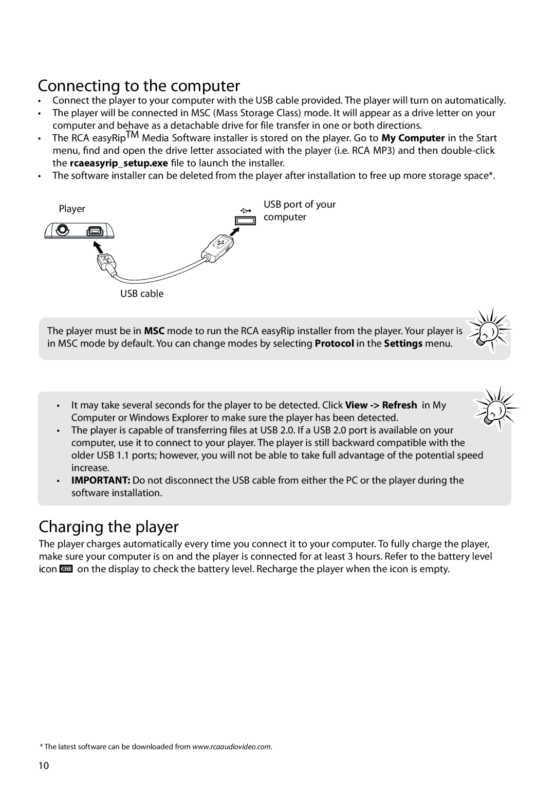 RCA M48 user manual Connecting to the computer, Charging the player 