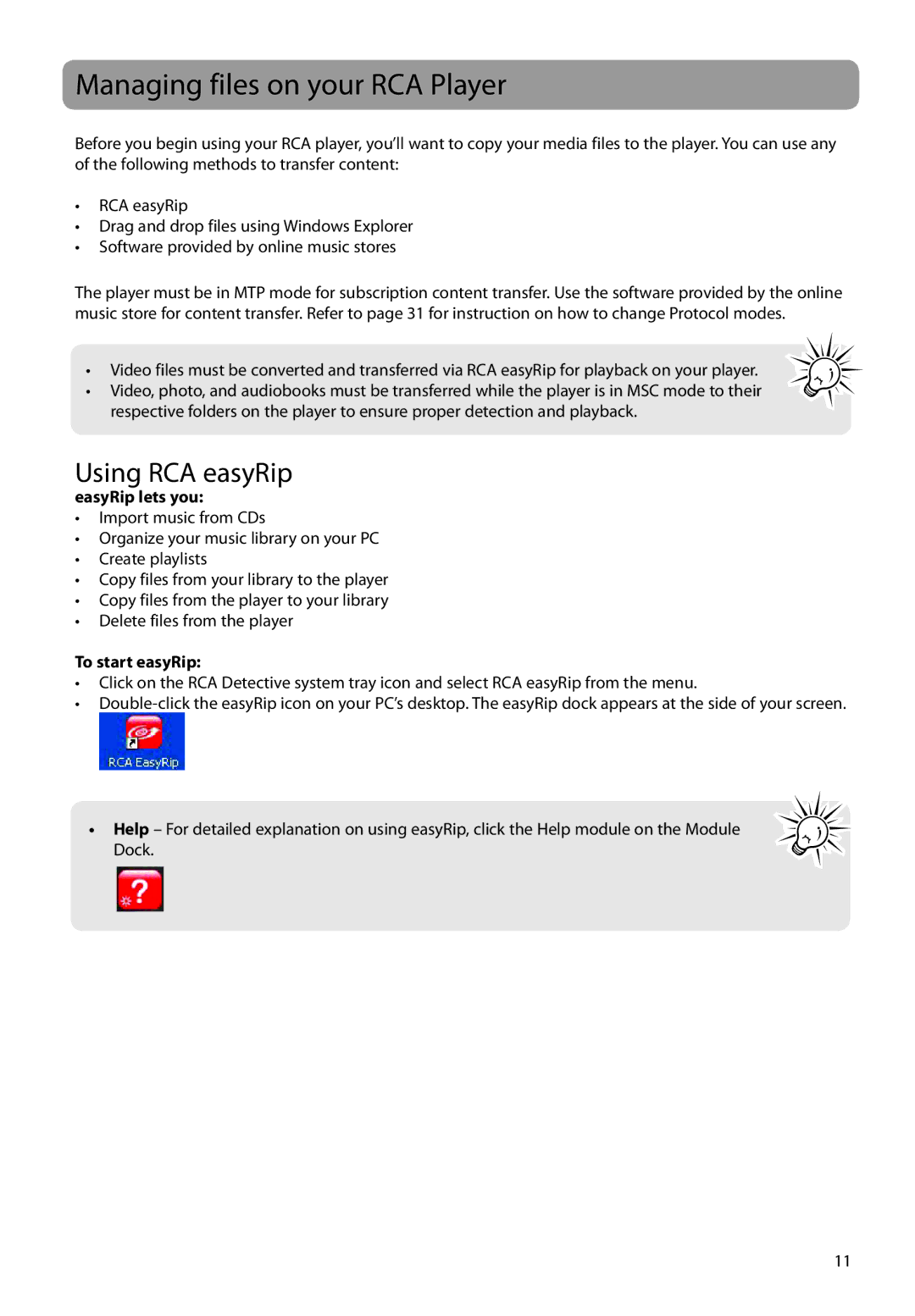 RCA M48 user manual Managing files on your RCA Player, Using RCA easyRip, EasyRip lets you, To start easyRip 