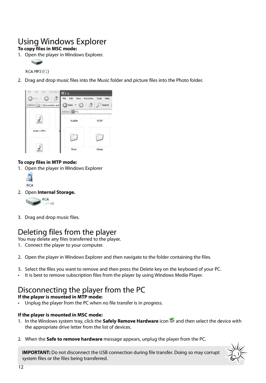 RCA M48 user manual Using Windows Explorer, Deleting files from the player, Disconnecting the player from the PC 