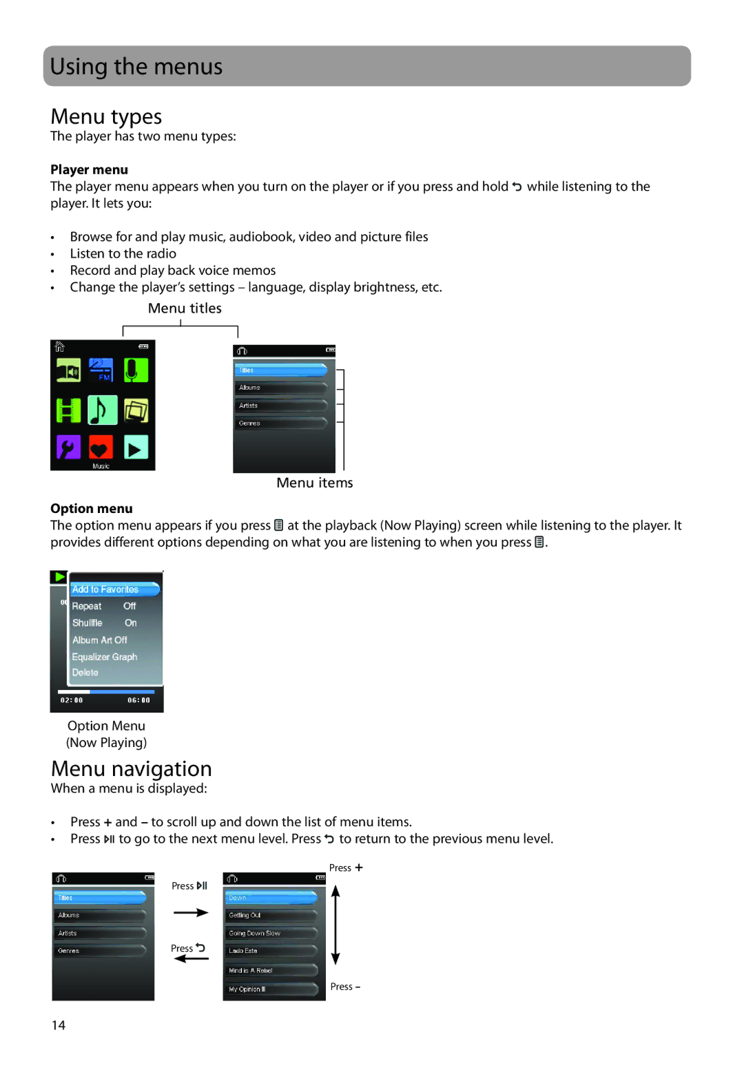 RCA M48 user manual Using the menus, Menu types, Menu navigation, Player menu, Option menu 