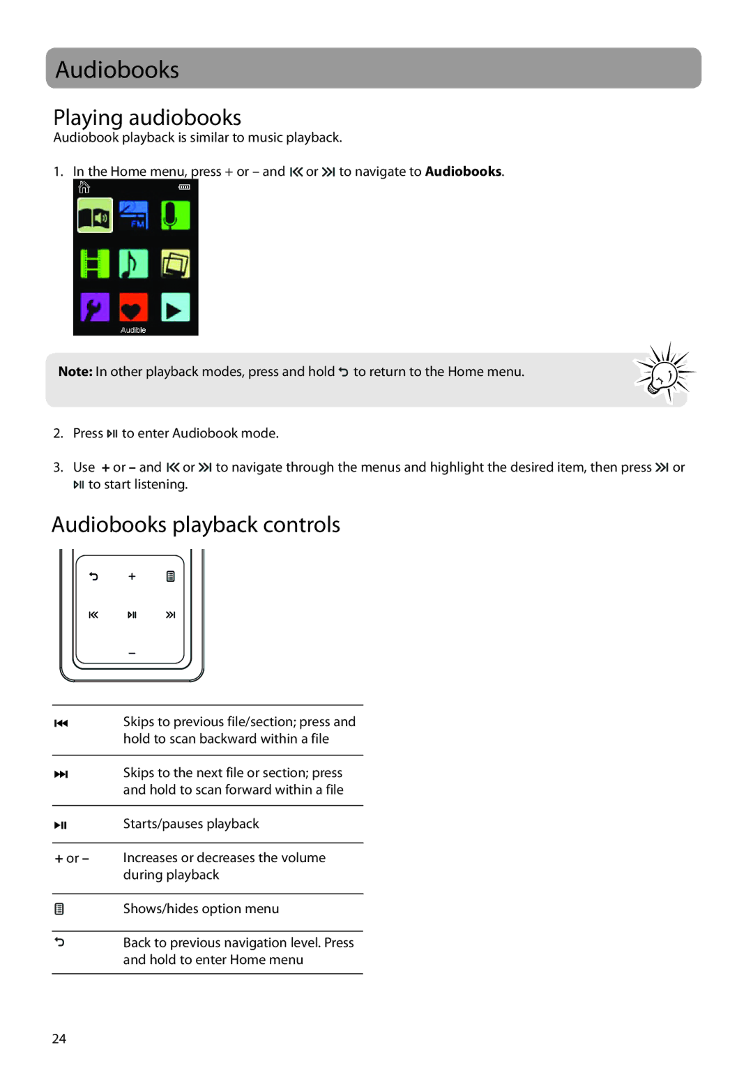 RCA M48 user manual Playing audiobooks, Audiobooks playback controls 