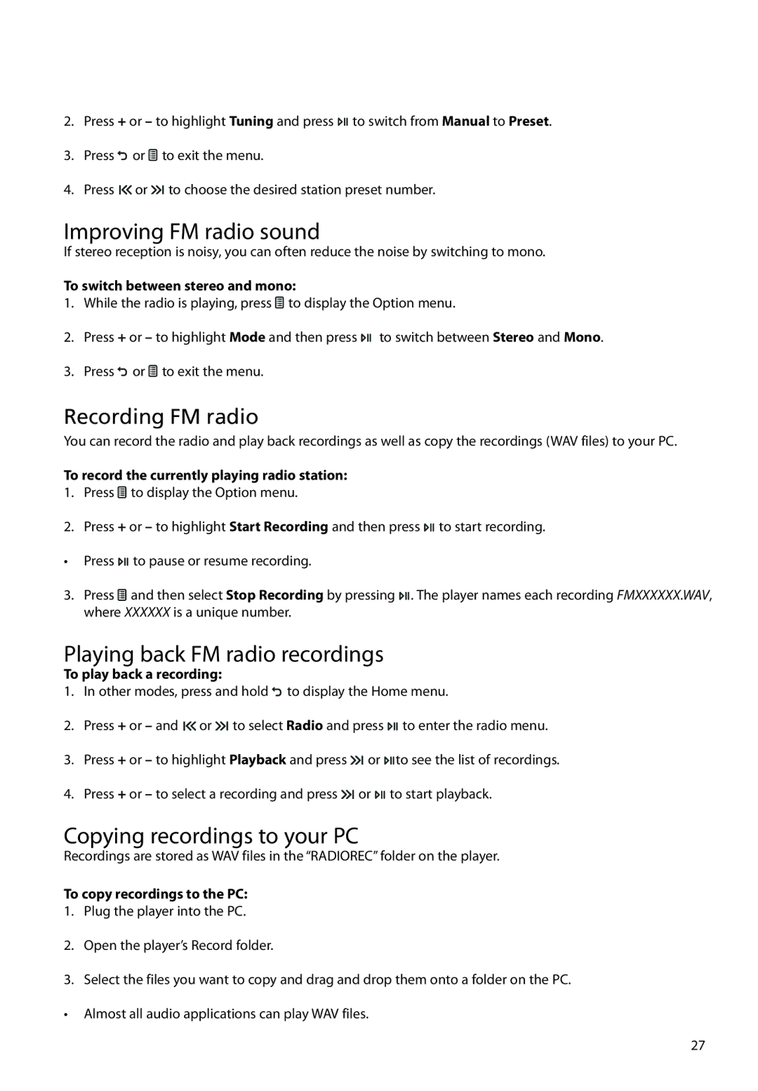 RCA M48 user manual Improving FM radio sound, Playing back FM radio recordings, Copying recordings to your PC 