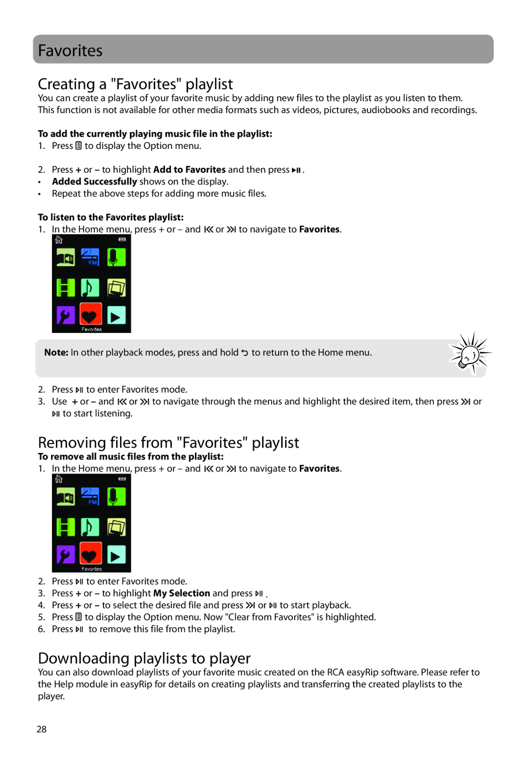 RCA M48 Creating a Favorites playlist, Removing files from Favorites playlist, Downloading playlists to player 