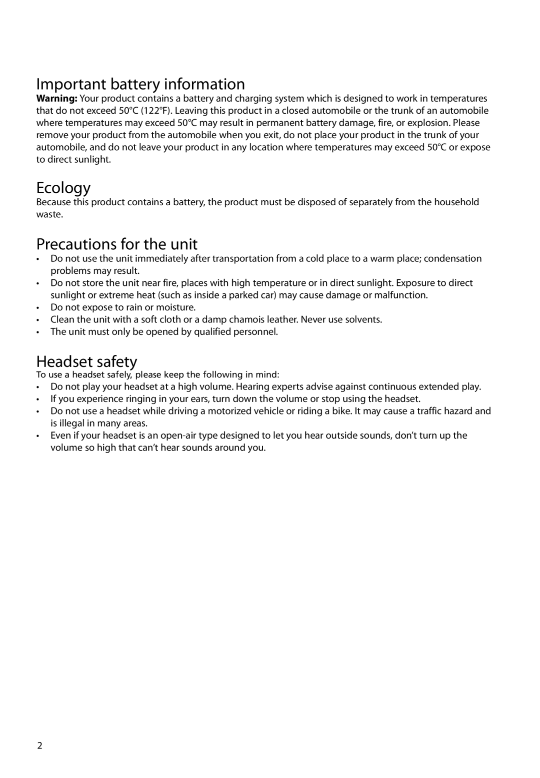 RCA M48 user manual Important battery information Ecology, Precautions for the unit, Headset safety 