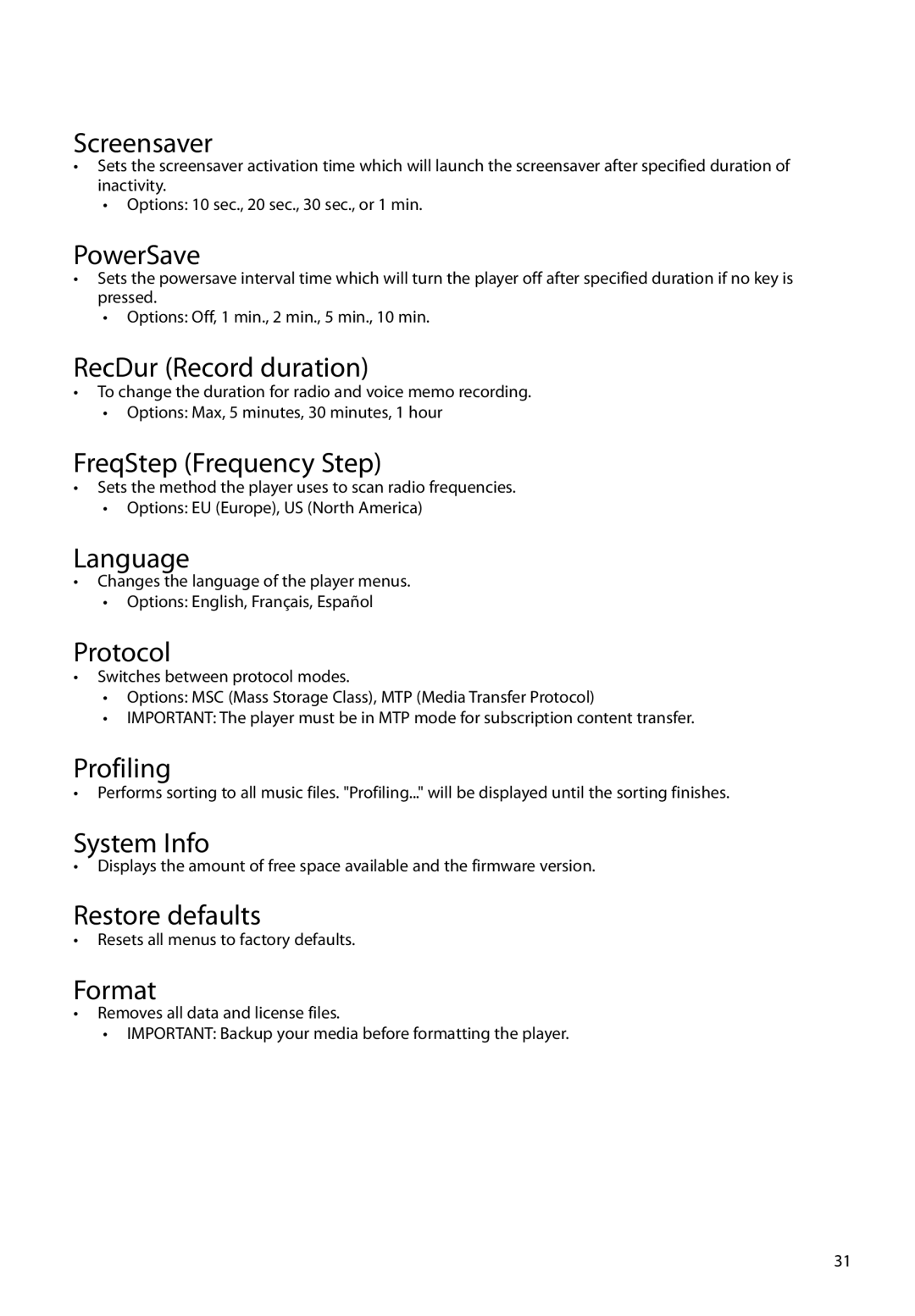 RCA M48 Screensaver, PowerSave, RecDur Record duration, FreqStep Frequency Step, Language, Protocol, Profiling, Format 