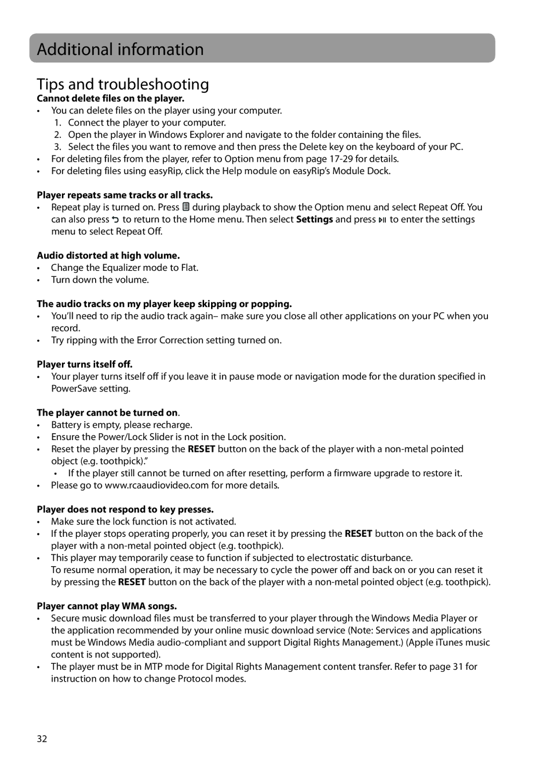 RCA M48 user manual Additional information, Tips and troubleshooting 