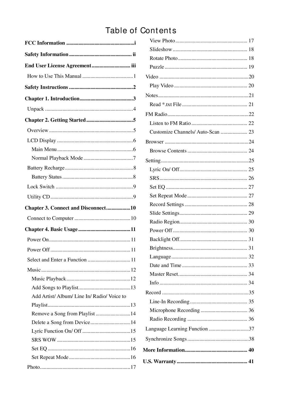 RCA M5002, M5001 user manual Table of Contents 