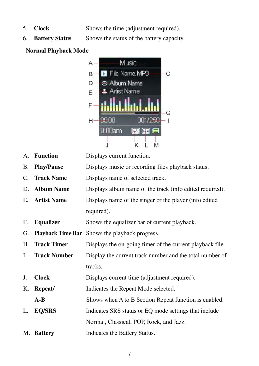 RCA M5001, M5002 user manual Clock, Normal Playback Mode Function, Equalizer, Repeat, Battery 