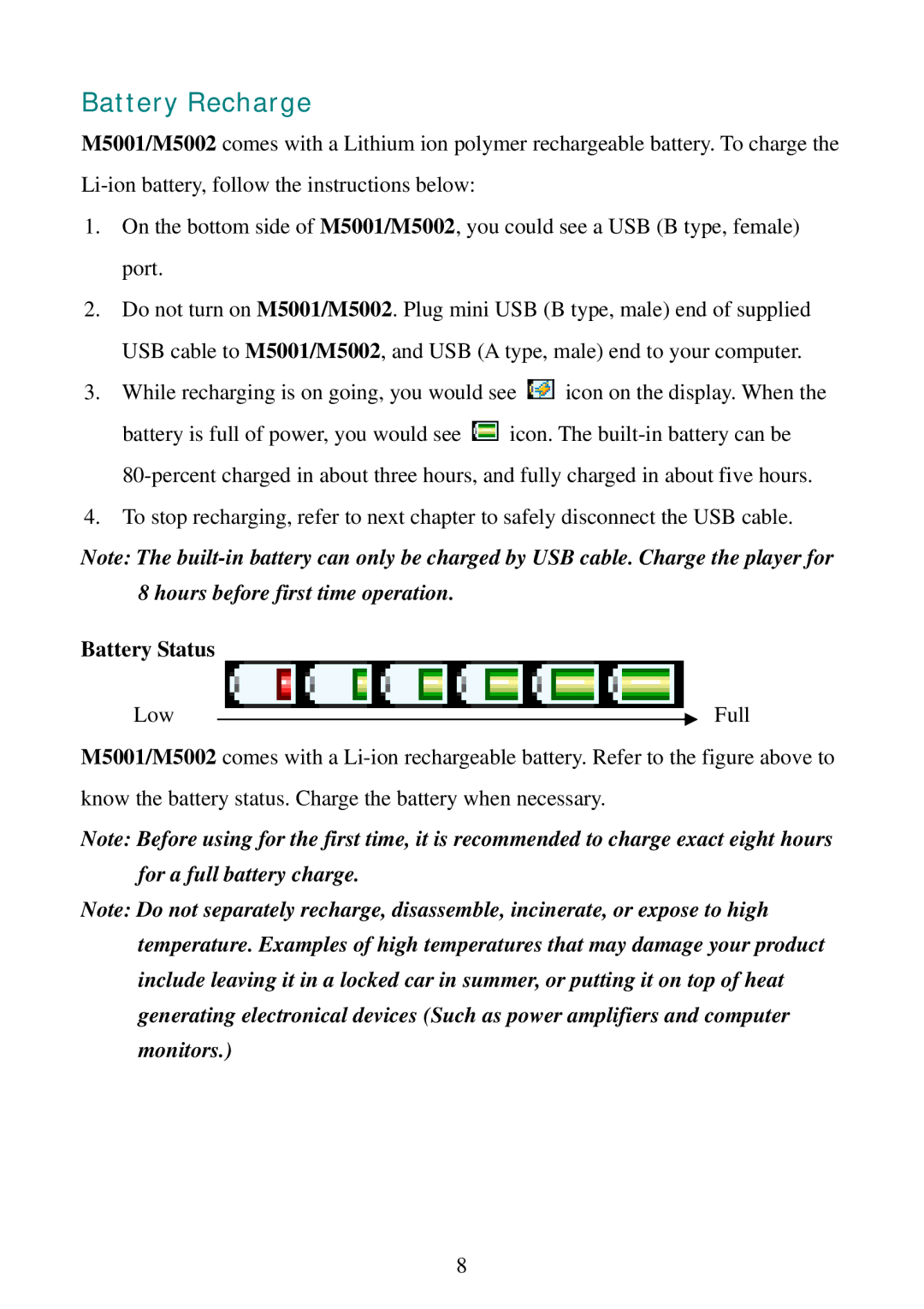 RCA M5002, M5001 user manual Battery Recharge, Battery Status 