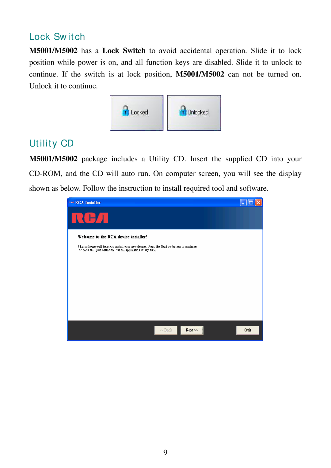 RCA M5001, M5002 user manual Lock Switch, Utility CD 