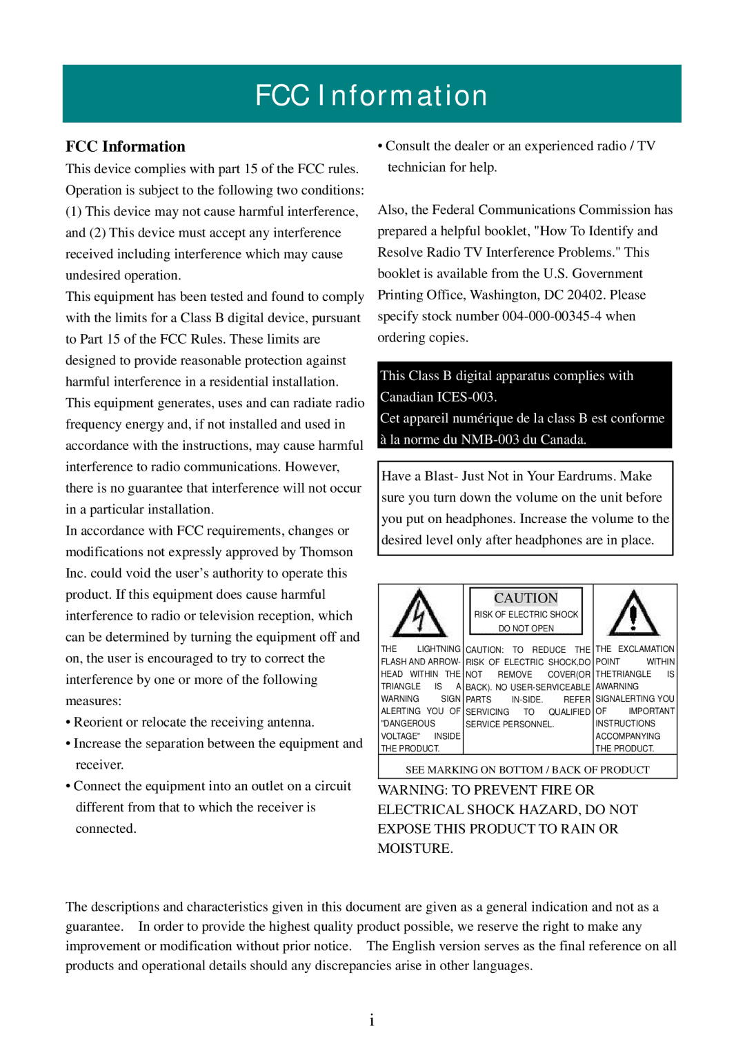 RCA M5002, M5001 user manual FCC Information 