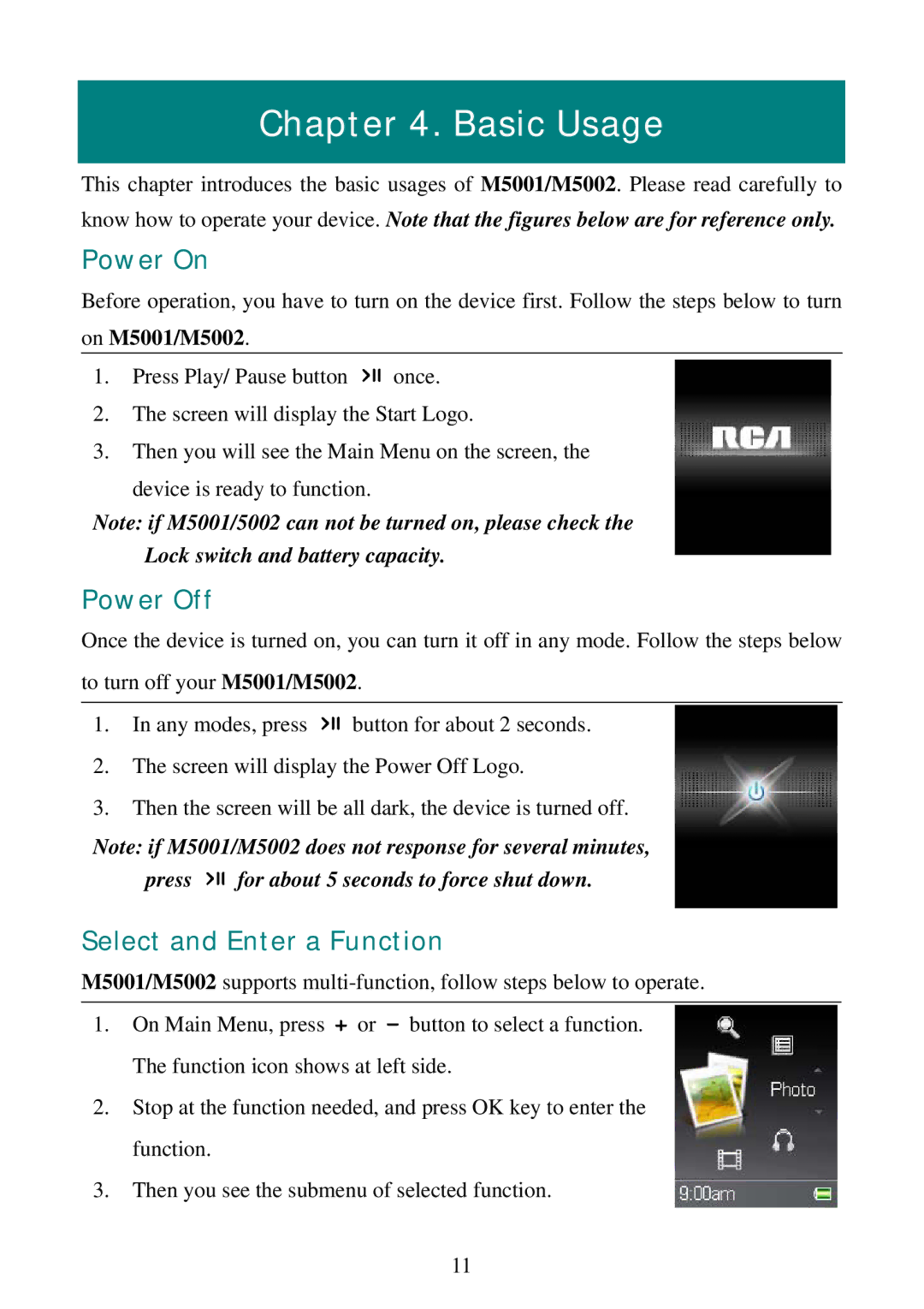 RCA M5001, M5002 user manual Basic Usage, Power On, Power Off, Select and Enter a Function 