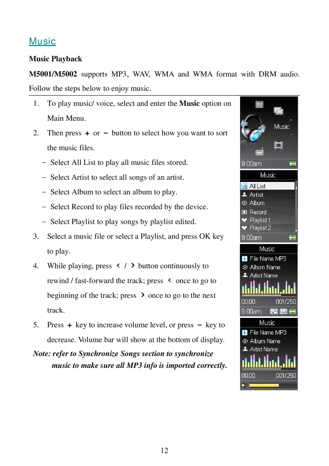 RCA M5002, M5001 user manual Music Playback 