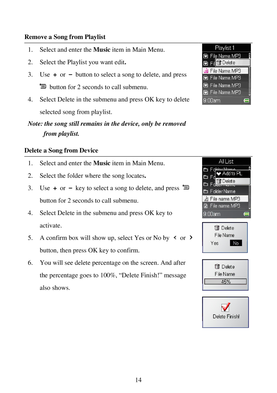 RCA M5002, M5001 user manual Remove a Song from Playlist, Delete a Song from Device 