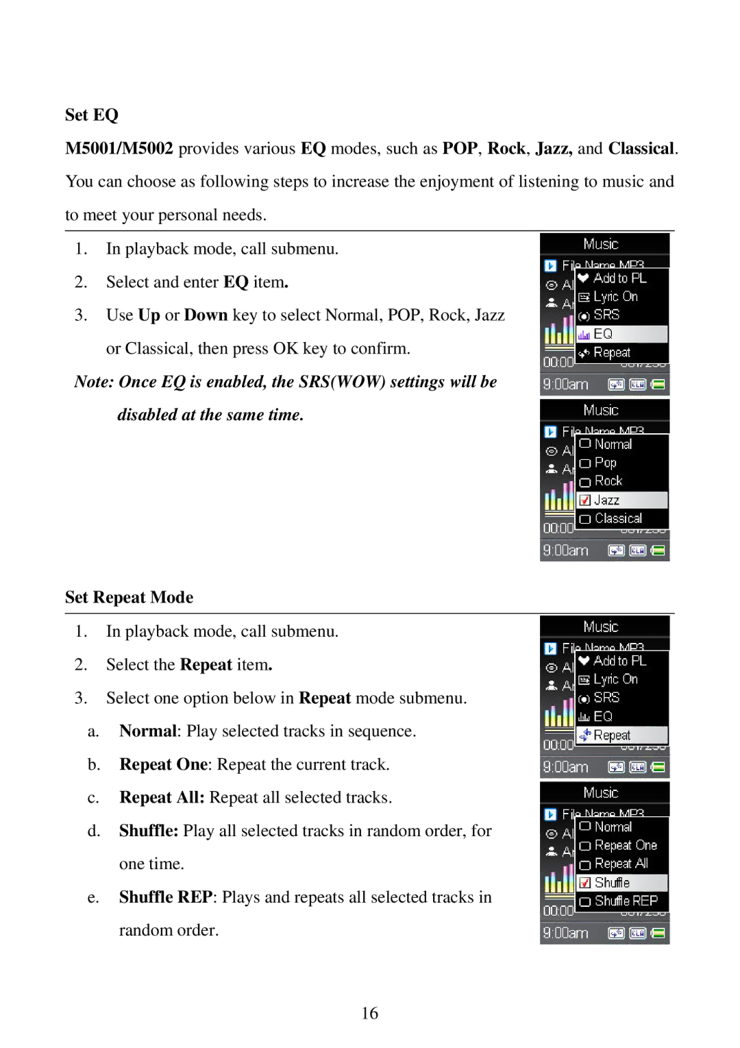 RCA M5002, M5001 user manual Set EQ, Set Repeat Mode 