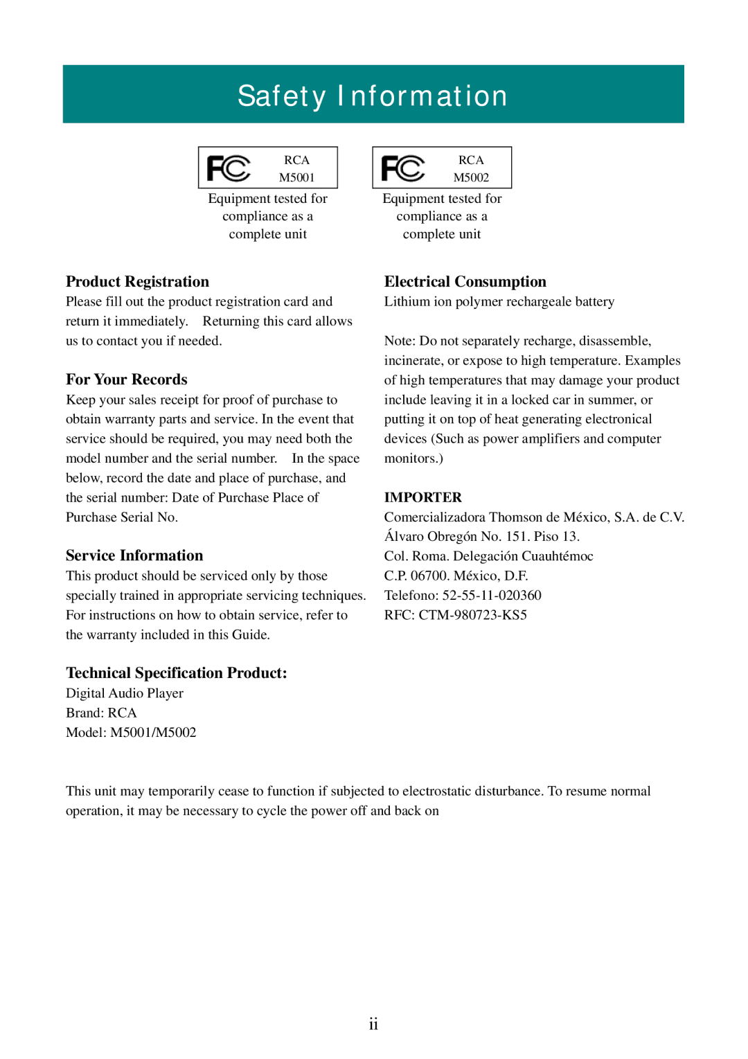 RCA M5001, M5002 user manual Safety Information, Product Registration 