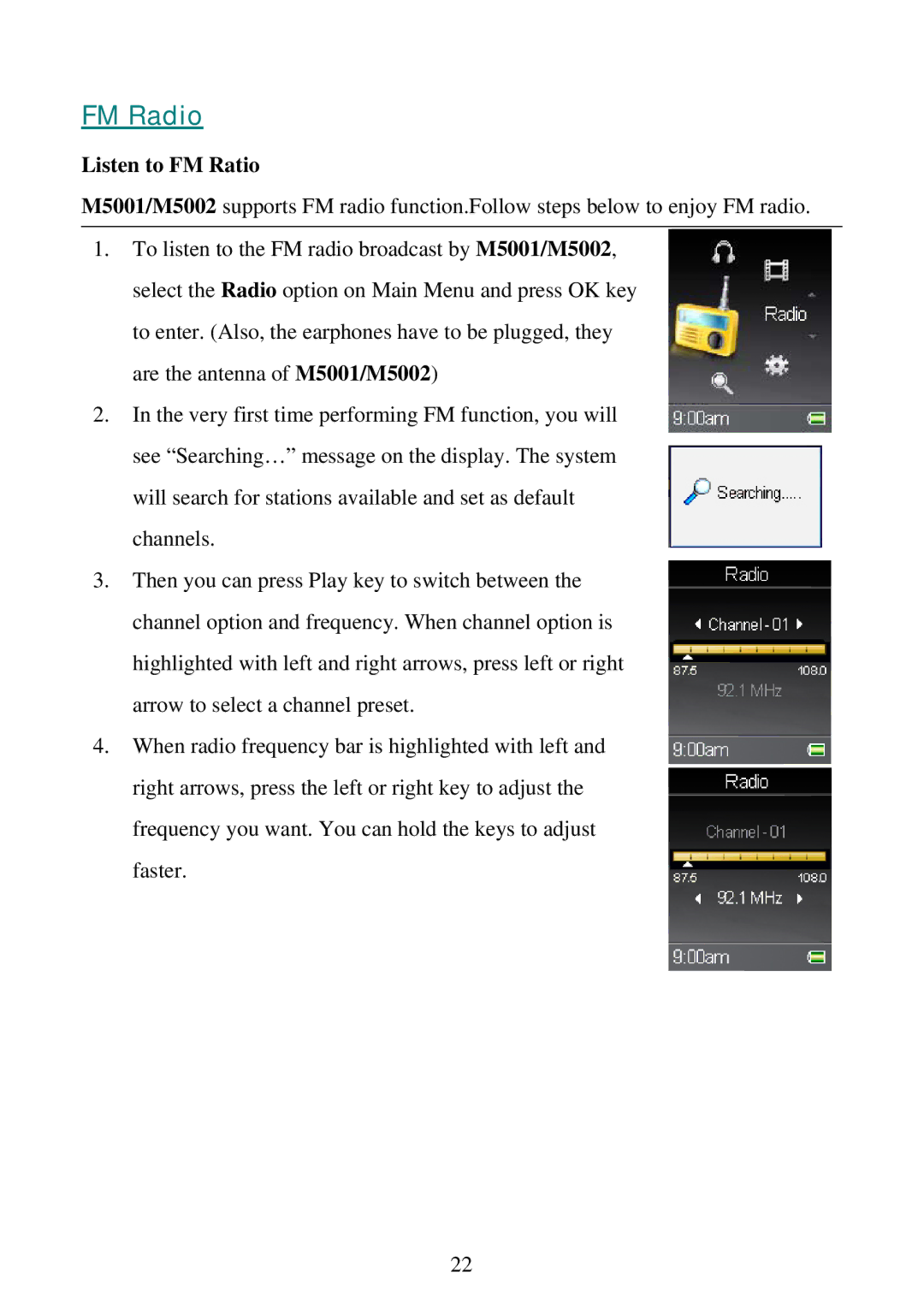 RCA M5002, M5001 user manual FM Radio, Listen to FM Ratio 