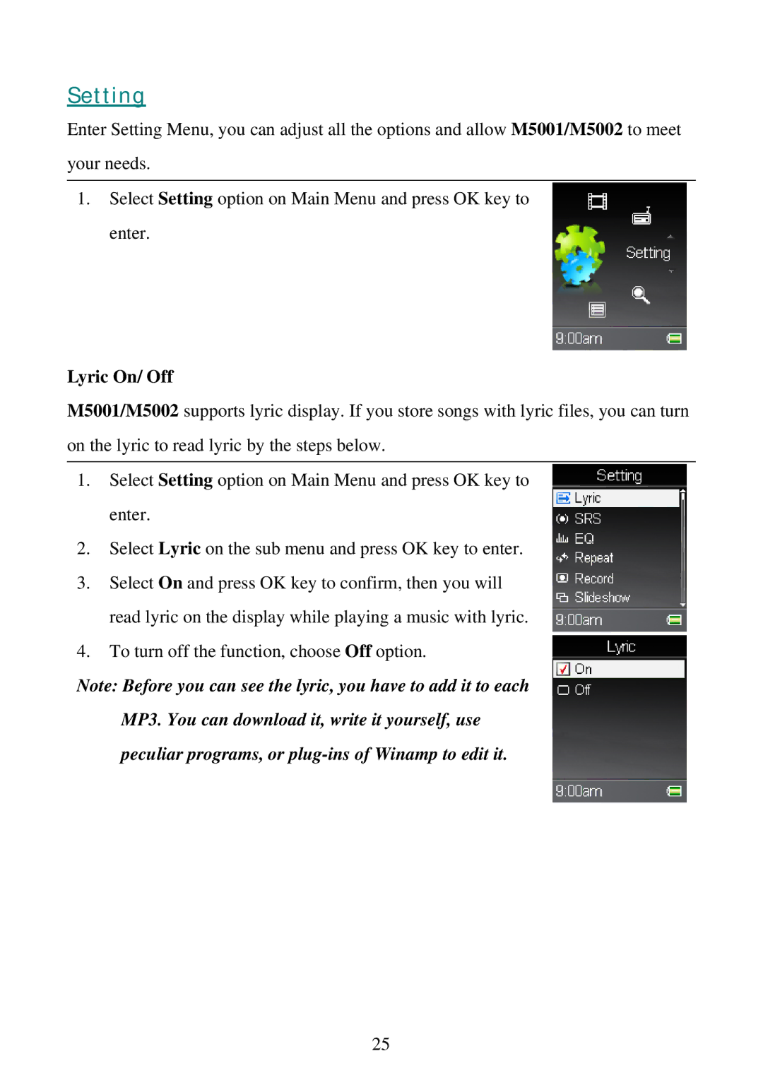 RCA M5001, M5002 user manual Setting, Lyric On/ Off 