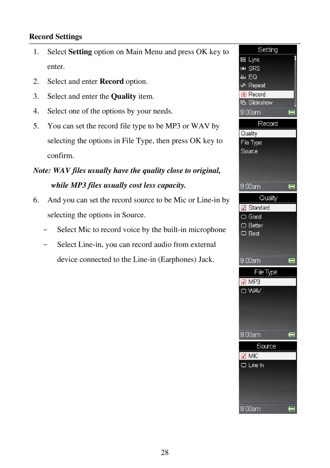 RCA M5002, M5001 user manual Record Settings, While MP3 files usually cost less capacity 