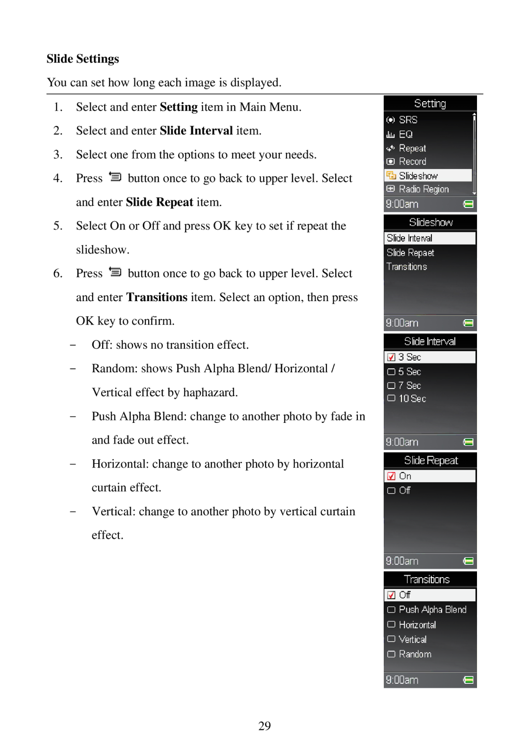 RCA M5001, M5002 user manual Slide Settings 